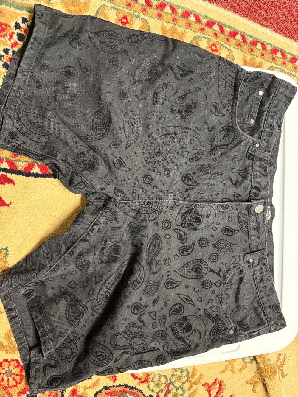 Men's Black Paisley & Skull Flat Front Shorts